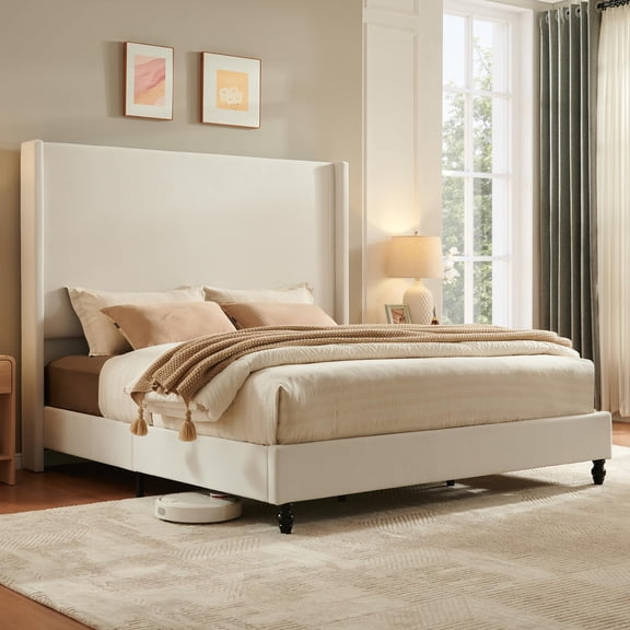 VanAcc Queen Bed Frame with 63" Tall Headboard, Horizontal Fine Corduroy Bed Frame with Upholstered Wingback, Vintage Solid Wood Gourd Legs, Cream