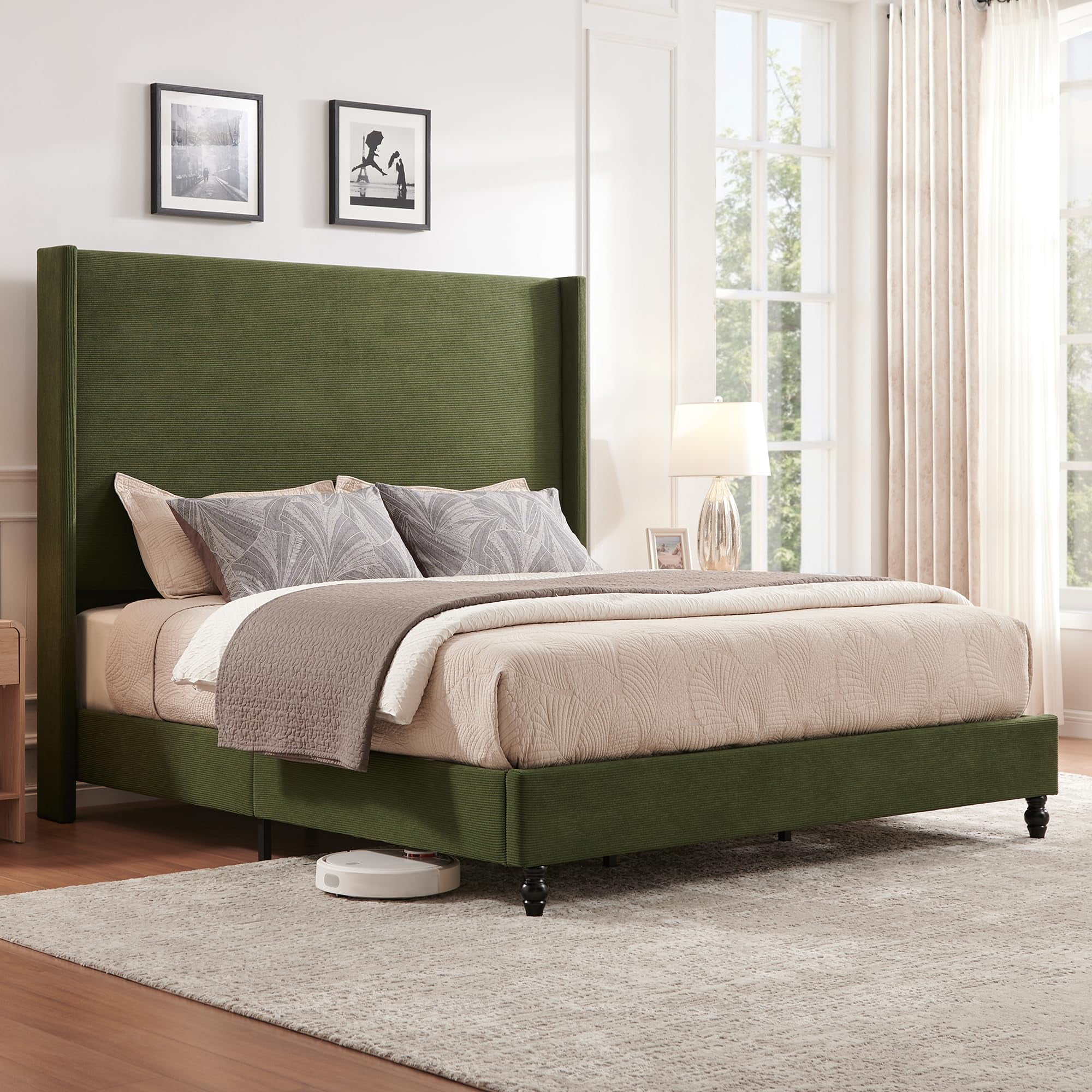 VanAcc Queen Bed Frame with 63" Tall Headboard, Horizontal Fine Corduroy Bed Frame with Upholstered Wingback, Vintage Solid Wood Gourd Legs, Green