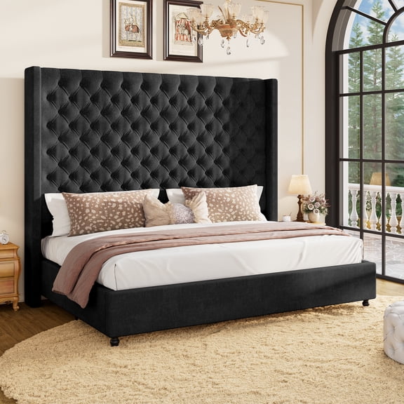 VanAcc Queen Bed Frame with 63" Tall Wingback Headboard, Black, Extral Tall Headboard, Handcrafted Deep Button Tufting, Noise-Free, Solid Wood Legs