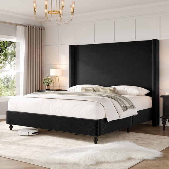 VanAcc Queen Corduroy Upholstered Bed Frame with 65" Tall Headboard, Black, Solid Wood Gourd Legs, Solid Slats, No Box Spring Needed