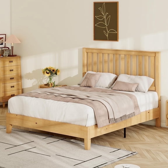 VanAcc Queen Size Bed Frame, Solid Wood Platform with Wooden Headboard for Bedroom, Natural