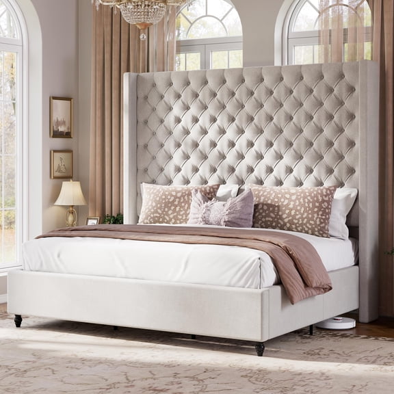 VanAcc Queen Size Bed Frame with 63" Tall Headboard, Upholstered Wingback Platform Design, Solid Wood Legs, Grey