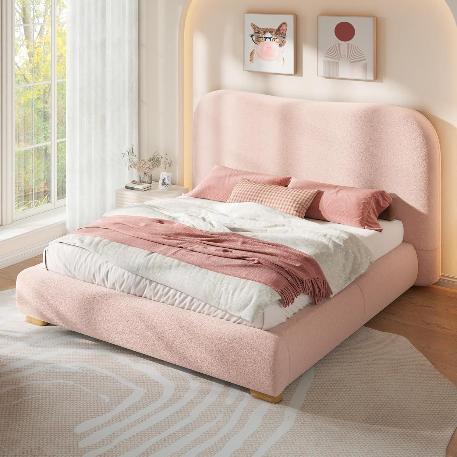 VanAcc Queen Size Cloud Bed Frame, 7.1" Thick Curved Headboard, Modern Upholstered Platform Bed, Easy Assembly, Boucle Pink