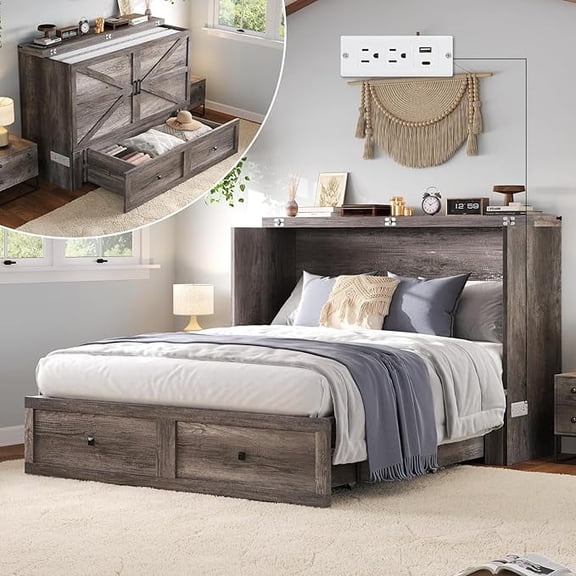 VanAcc Queen Size Murphy Bed with Charging Station, Farmhouse Cabinet Bed with Large Storage Drawer for Living Room, Guest Bedroom, Grey