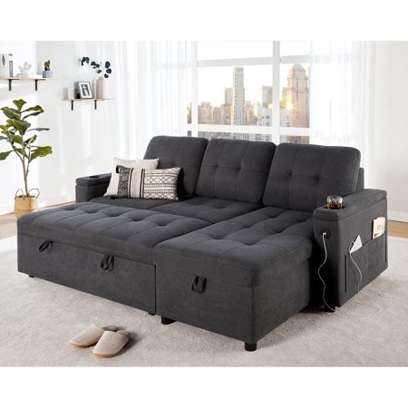VanAcc Sleeper Sofa, Pull Out Couch Bed with USB Charging Port & Cup Holders, L-Shaped Sectional Sofa with Storage Chaise, Comfy Couch for Living Room (Dark Grey)
