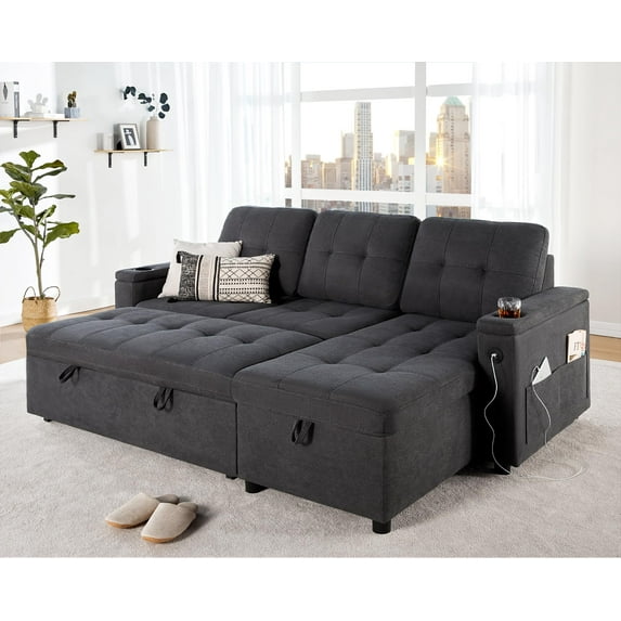 VanAcc Sleeper Sofa, Pull Out Couch Bed with USB Charging Port & Cup Holders, L-Shaped Sectional Sofa with Storage Chaise, Comfy Couch for Living Room (Dark Grey)