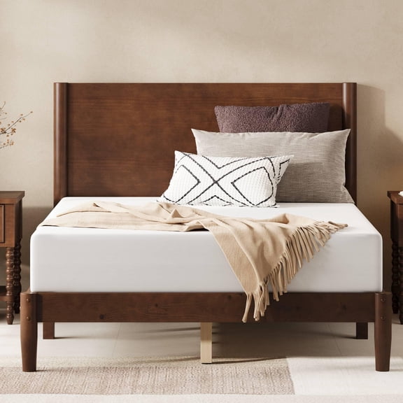 VanAcc Solid Wood Full Size Bed Frame, Mid Century Modern Bed with Full Panel Headboard, Under-Bed Storage, Dark Walnut
