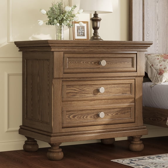 VanAcc Solid Wood Nightstand, Fully Assembled End Table with 2 Storage Drawers, 26" Extra Large Traditional Bedside Cabinet for Bedroom, Light Brown