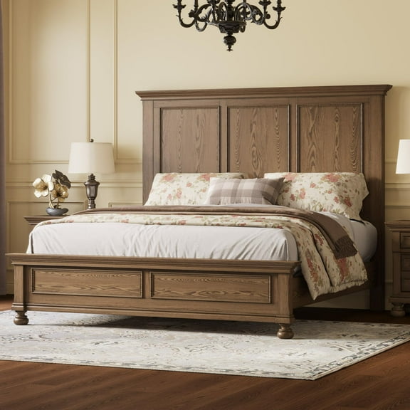 VanAcc Solid Wood Queen Bed Frame with 65.2" High Headboard, Traditional Platform Bed with Heavy Duty Slats, Easy Assembly, Light Brown