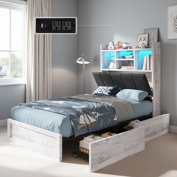 VanAcc Twin Farmhouse Bed Frame with Bookcase Headboard and 4 Drawers, LED Storage Bed with Charging Station & Linen Upholstered, Distressed White