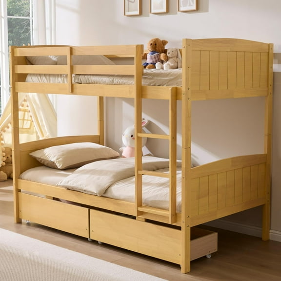 VanAcc Twin Over Twin Bunk Bed with Drawers, Solid Rubberwood Convertible Loft Beds, Modern Detachable Bed Frame for Teens Bedroom, Natural Wood