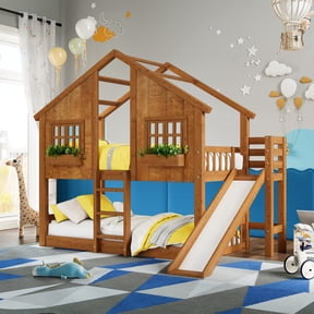VanAcc Twin Over Twin House Bunk Bed with Slide and Ladder, Solid Wood Frame, Window Box Shelf, 14" Guardrail, Light Oak