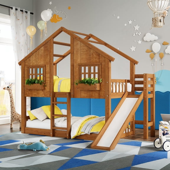 VanAcc Twin Over Twin House Bunk Bed with Slide and Ladder, Solid Wood Frame, Window Box Shelf, 14" Guardrail, Light Oak