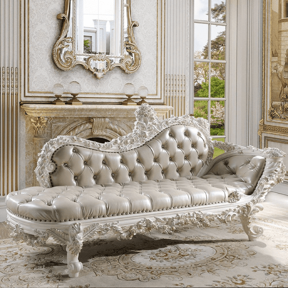 Vanaheim Bench in Beige Synthetic Leather & Antique White Finish