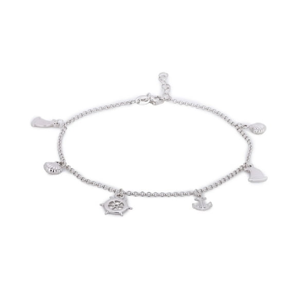Vanbelle Sterling Silver Jewelry Dangling Nautical Theme Multi Charm Anklet with Rhodium Plating for Women