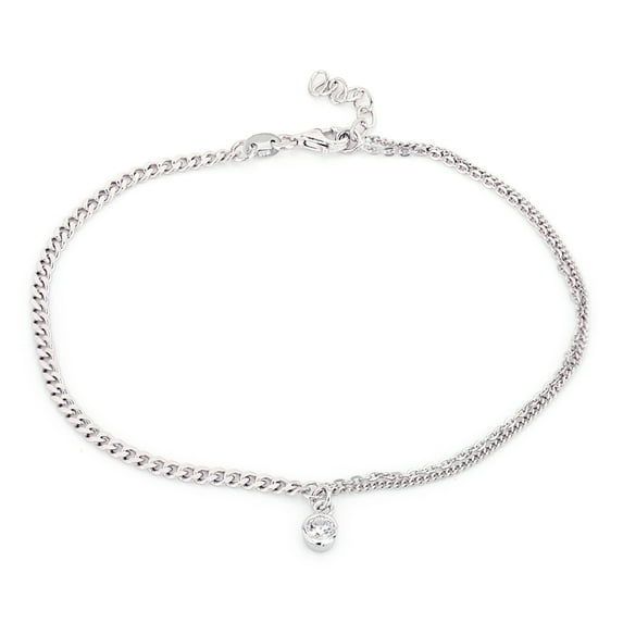 Vanbelle Sterling Silver Jewelry Double Layered Chain and Hanging Stone Anklet with Rhodium Plating for Women