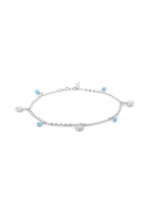 Sterling Silver Jewelry Hanging Shell and Natural Beads Anklet with Rhodium Plating for Women