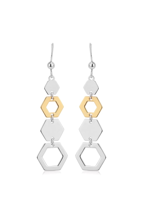 Sterling Silver Jewelry Open and Close Graduated Hexagon Earrings with Yellow Gold and Rhodium Plating for Women