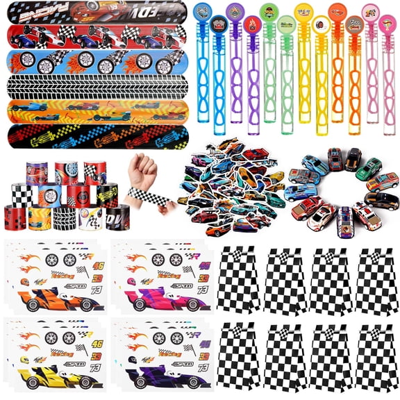 Vanblue 110Pcs Race Car Party Favors Themed Birthday Decorations Supplies Straw Bubble Slap Bracelet DIY Sticker Toy Gift for Boy Kids Treat Candy Bags Stuffers Classroom Rewards Y114