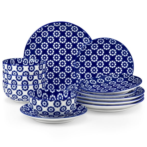 MALACASA 12 Piece Blue and White Porcelain Dinnerware Set, Elegant Ceramic Plates and Bowls set for 4, Traditional Floral Design, Dishwasher & Microwave Safe, Sky Full of Stars