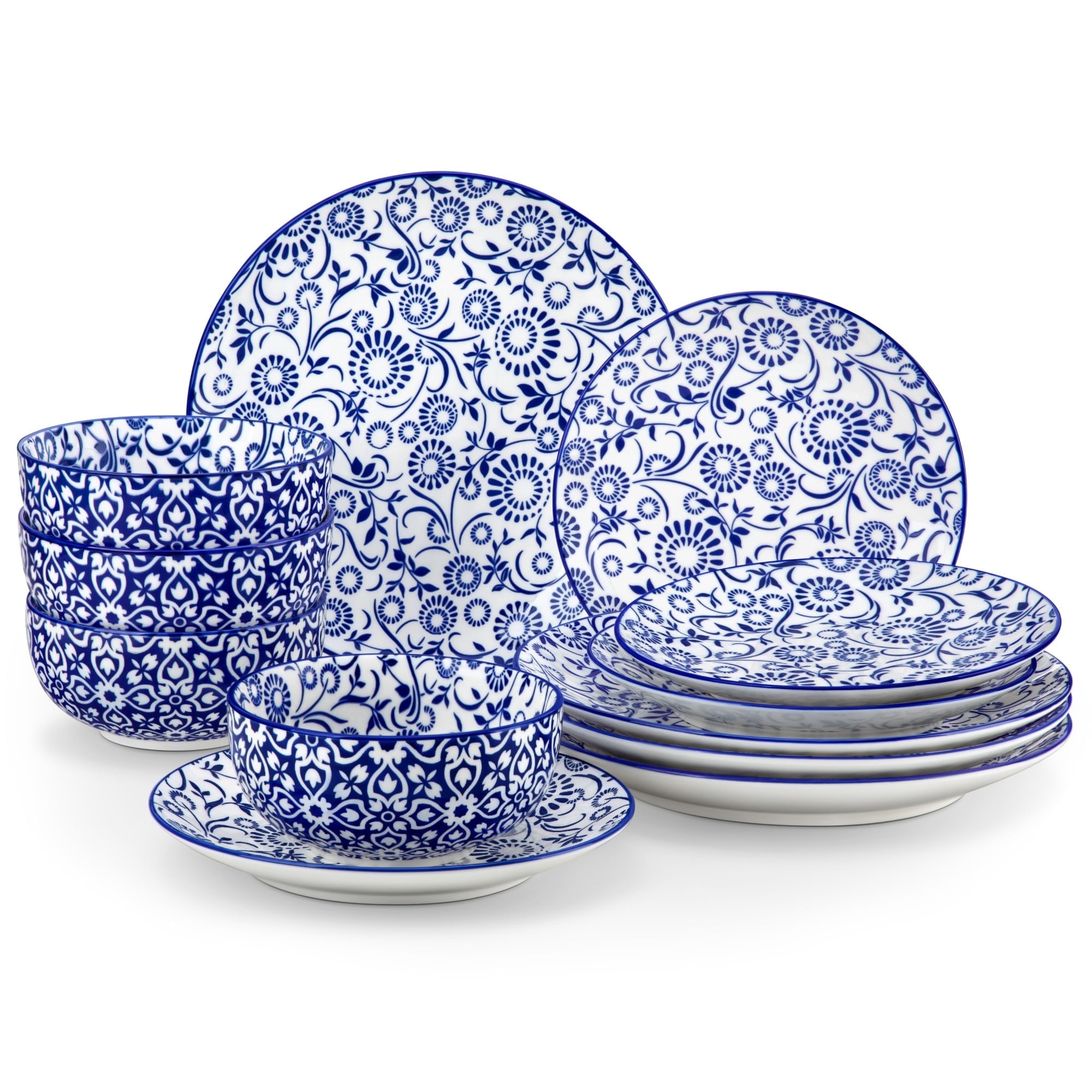 Malacasa 12 Pcs Dinnerware Sets, Ceramic Plates and Bowls Sets for 4, Scratch Resistant Dishes Set, Dishwasher & Microwave Safe, Vine Flower