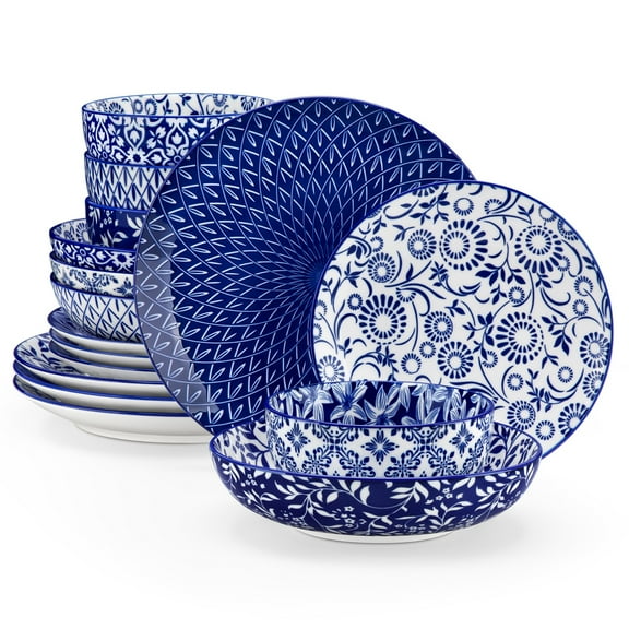 MALACASA 16 Piece Dinnerware Set for 4, Hand Painted Blue and White Porcelain Dish Set, Plates and Bowls Sets Safe for Dishwasher, Dishes