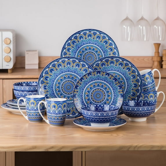 Vancasso, 16 Piece Porcelain Dinnerware Set, Boho Blue Dinner Set, Service for 4