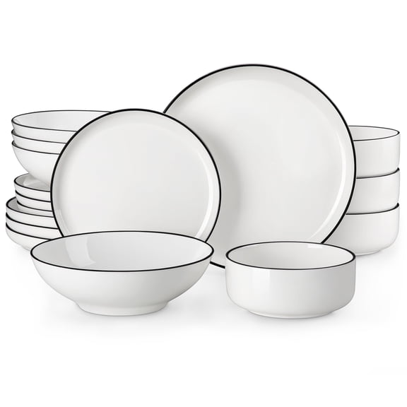 Vancasso 16‑Piece Porcelain Dinnerware Set, Service for 4, Plates and Bowls Sets, Dinner Plates, Dessert Plates, Cereal Bowls, Dishwasher and Microwave Safe, White - Black