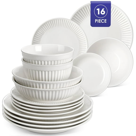 Vancasso 16 Piece Porcelain Dinnerware Sets, Cercamic Dinner Sets for 4, Plates and Bowls Sets with Embossed Design, Dishwasher & Microwave Safe, White