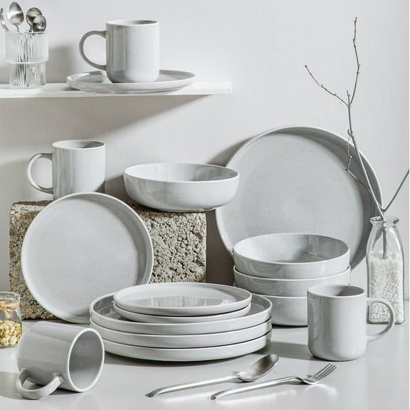 Vancasso, 16-Piece Stoneware Dinnerware Sets, Light Grey Dinner Set, Service for 4