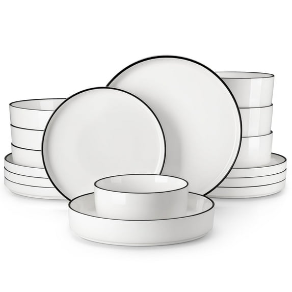 Vancasso 16pcs Ceramic Dinnerware Sets, Poreclain Plates w/Bowls, Service for 4, Oven & Dishwasher Safe, White and Black