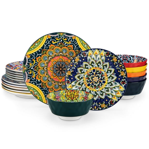 MALACASA 18Pcs Porcelain Dinnerware Set for 6, Bohemian Plates and Bowls, Microwave and Dishwasher Safe, Scratch Resistant, 2 plates 1 bowls
