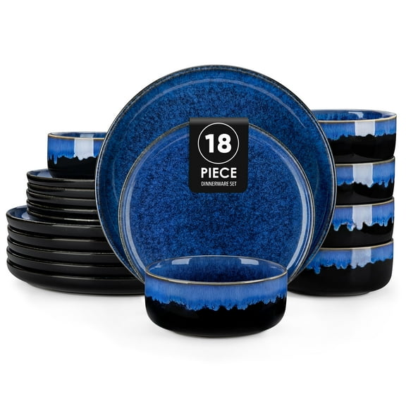 MALACASA 18 Piece Dinnerware Set, Microwave and Dishwasher Safe Dinner Set for 6, Handmade Ceramic Tableware with Blue Glazed Kiln Design for Contemporary decoration, Curved Edge