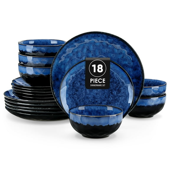 MALACASA 18 Piece Dinnerware Set, Microwave and Dishwasher Safe Dinner Set for 6, Handmade Ceramic Tableware with Blue Glazed Kiln Design for Contemporary decoration, Lunar Shape