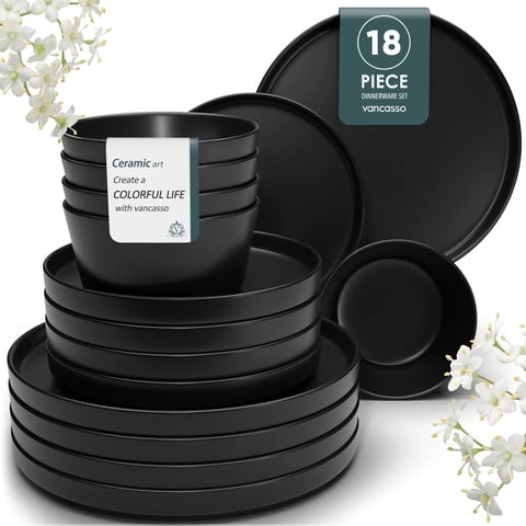 Malacasa 18 Pieces Stoneware Dinnerware Set for 6, Stackable Plates and Bowls sets, Dinner Set, Microwave & Dishwasher Safe, Black