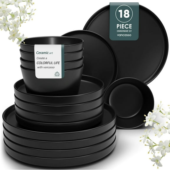 MALACASA 18 Piece Stoneware Dinnerware Set, Stackable Plates and Bowls sets Service for 6,Microwave and Dishwasher Safe, Black