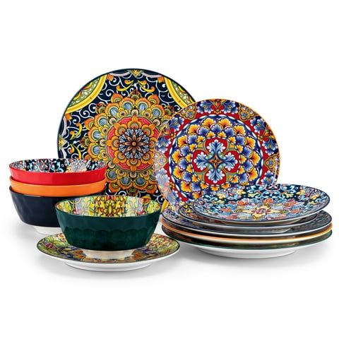 Malacasa 12 Pcs Dinnerware Sets, Ceramic Plates and Bowls Set, Porcelain Tableware Dishwasher Microwave Safe, Serves for 4 People, Bohemian Colourful