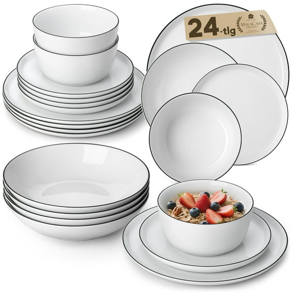 Vancasso 24 Piece Glossy Glazed Ceramic Dinnerware Set, Elegant Plates and Bowls Sets, Dishwasher & Microwave Safe, Dish Sets for 6, Black Trim