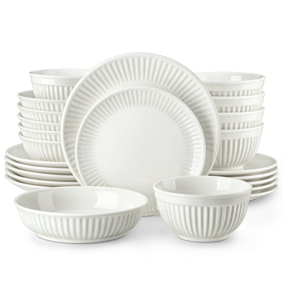 Vancasso 24 Piece Porcelain Dinnerware Sets, Porcelain Dinner Sets for 6, Plates and Bowls Sets with Embossed Design, Dishwasher & Microwave Safe, Black Trim