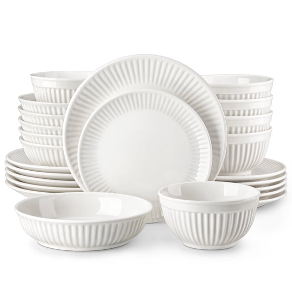 Vancasso 24 Piece Porcelain Dinnerware Sets, Porcelain Dinner Sets for 6, Plates and Bowls Sets with Embossed Design, Dishwasher & Microwave Safe, Black Trim