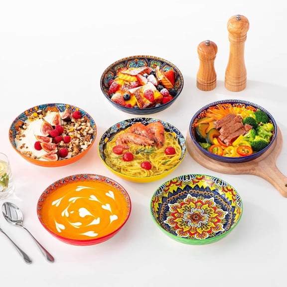 Vancasso 32 Oz Porcelain Pasta Bowls Set of 6 Colorful Bohemian Salad Soup Serving Dishes Microwave Dishwasher Safe