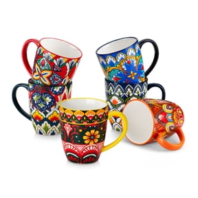 Vancasso Ceramic Coffee Mug Set of 6, 12 oz Small Mugs with Assorted Floral Patterns and Colorful Handles, Microwave Dishwasher Safe Porcelain Tea Cups, Series LUMI
