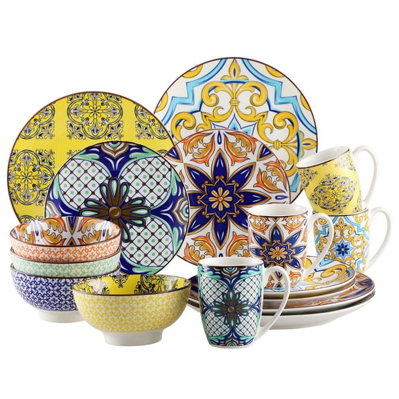 Vancasso Dinnerware Sets, Porcelain Dinner Set for 4, 16-Piece Round Moroccan Colourful