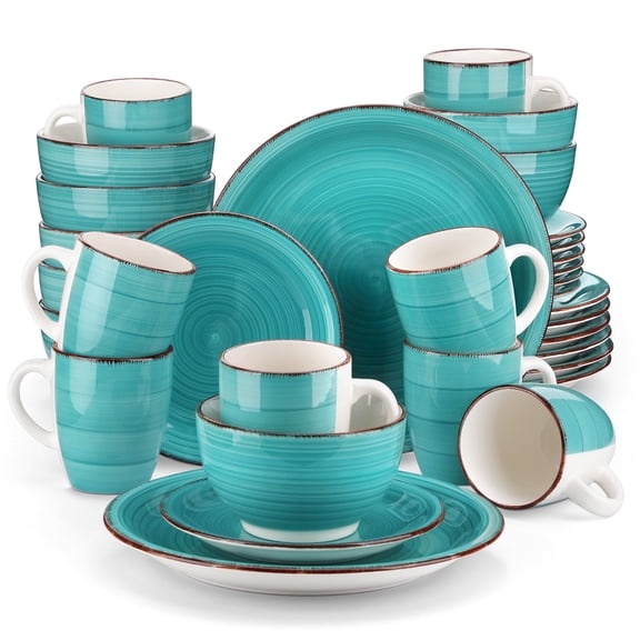 Vancasso 32 Pieces Dinnerware Sets for 8, Ceramic Plates and Bowls Sets, Scratch Resistant Dishes Set, Microwave & Dishwasher Safe, Turquoise