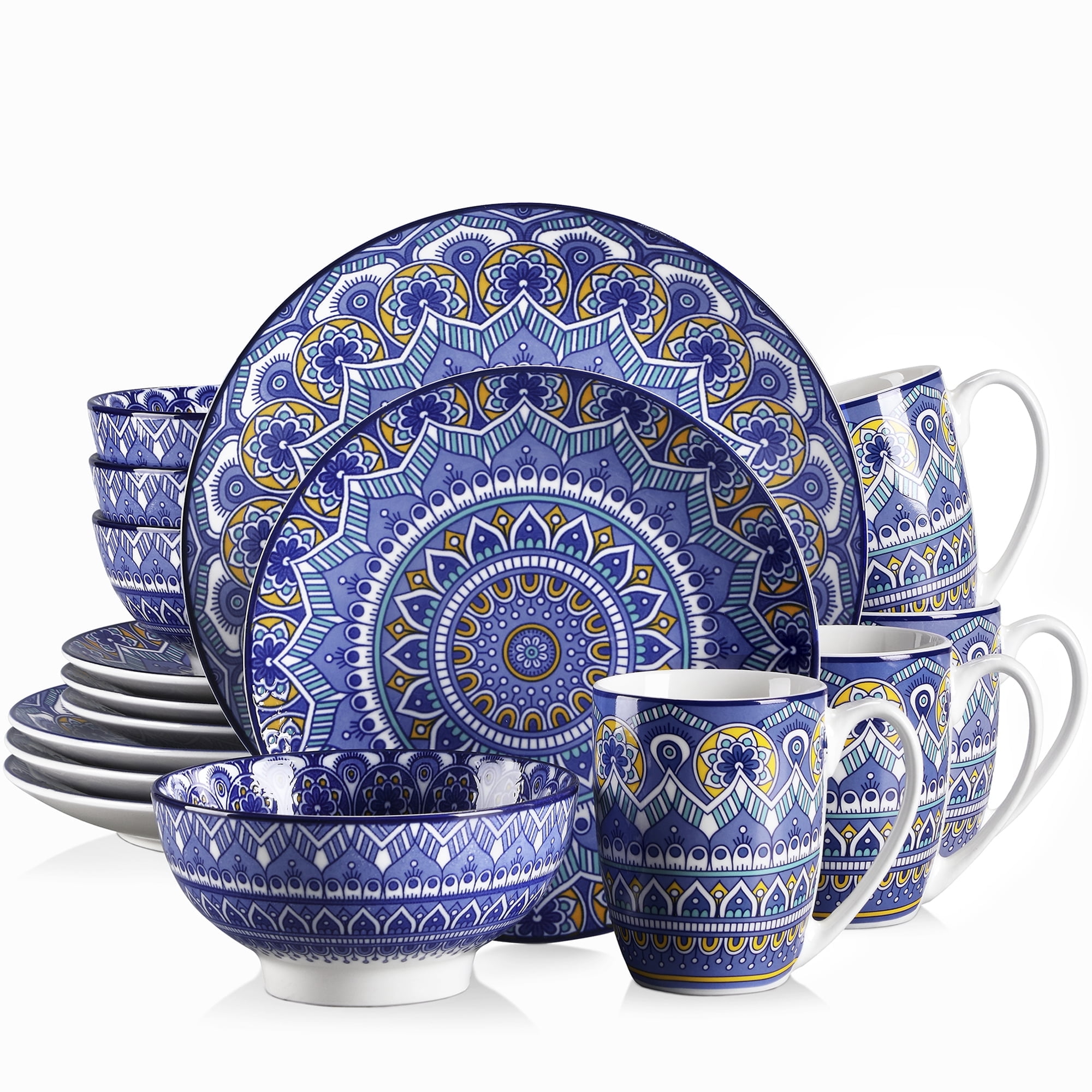 Vancasso, Series Mandala, 16-Piece for Dinnerware Dinner Blue 4 Porcelain Boho Set, Service Set