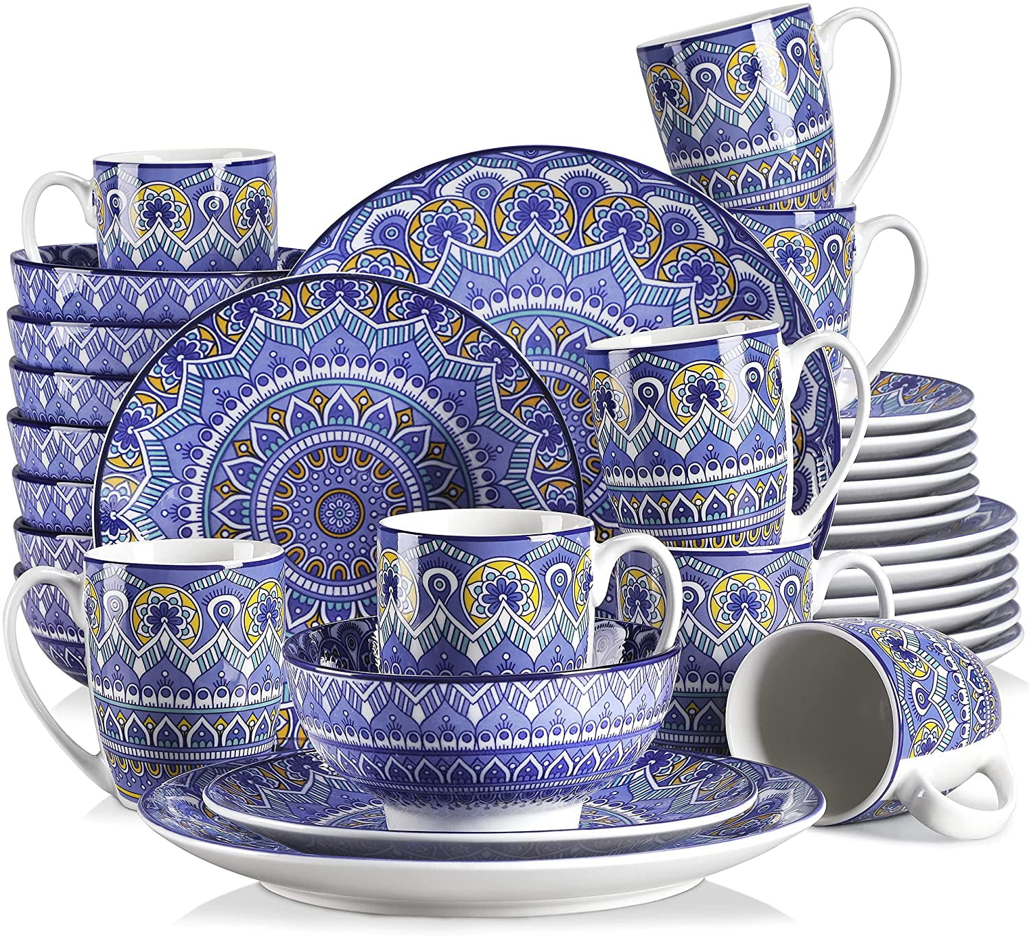 Vancasso, Series Mandala, 32-Piece Porcelain Dinnerware Set, Boho Blue Dinner  Set, Service for 8 