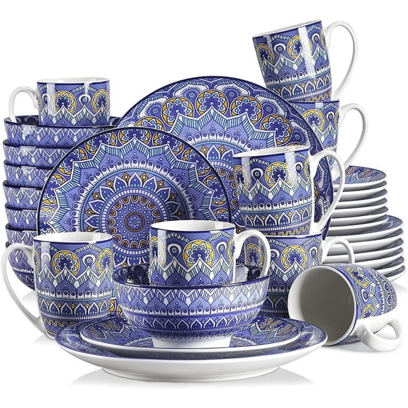 Vancasso, Series Mandala, 32 Piece Porcelain Dinnerware Set, Boho Blue Dinner Set, Service for 8