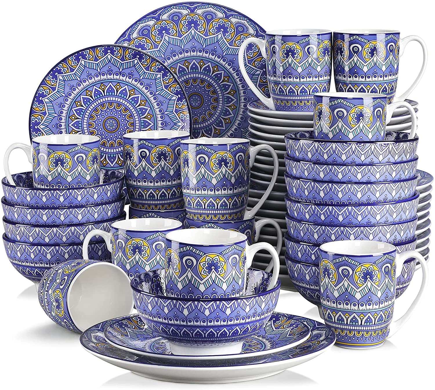 Vancasso, Series Mandala, 48-Piece Porcelain Dinnerware Set, Boho Blue Dinner  Set, Service for 12 