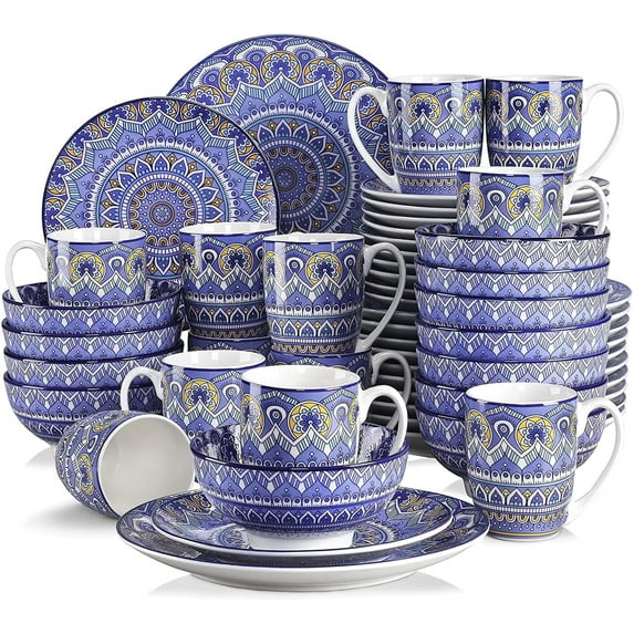 Vancasso, Series Mandala, 48 Piece Porcelain Dinnerware Set, Boho Blue Dinner Set, Service for 12