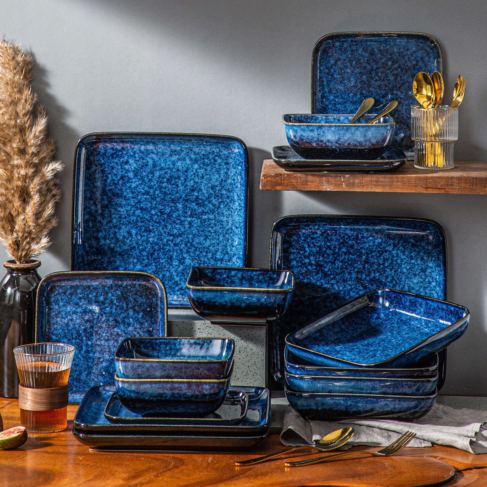 Vancasso Stoneware Dinnerware Sets, 16 Piece Square Blue Dishes